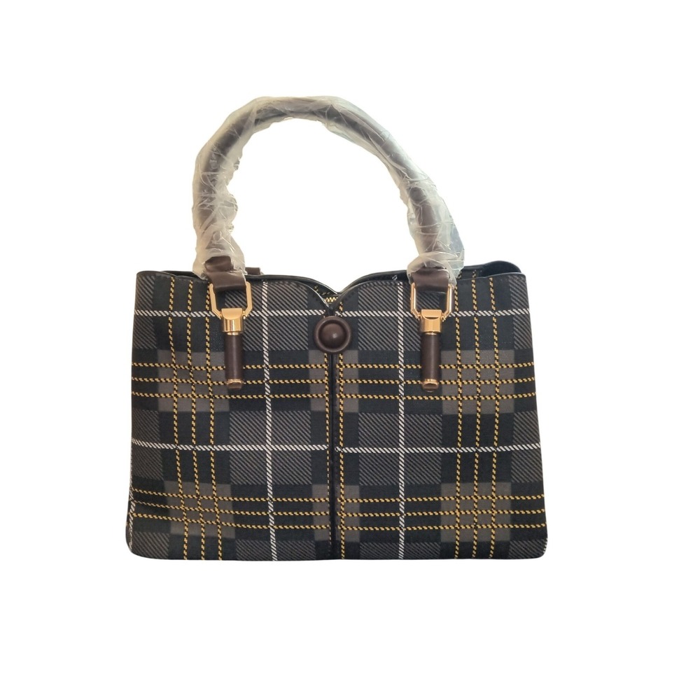 Plaid Satchel Handbag Grey Black‎ Yellow Triple Compartment Crossbody